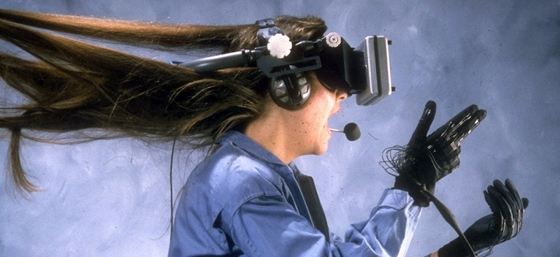 Sally Rosenthal wearing VR headset in 1995